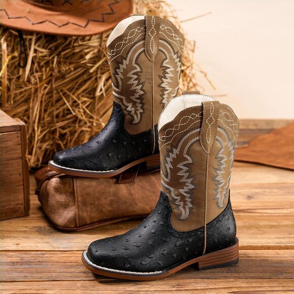 ⚡Kid Black Ostrich Synthetic Cowboy Riding Shoes Square Toe Wide Calf Boot - Picture 6 of 6